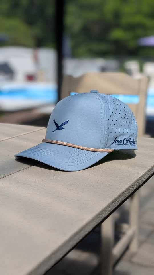 LowCo Bird Hat - Embroidered, Perforated 5 Panel - Storm Blue/Khaki Rope