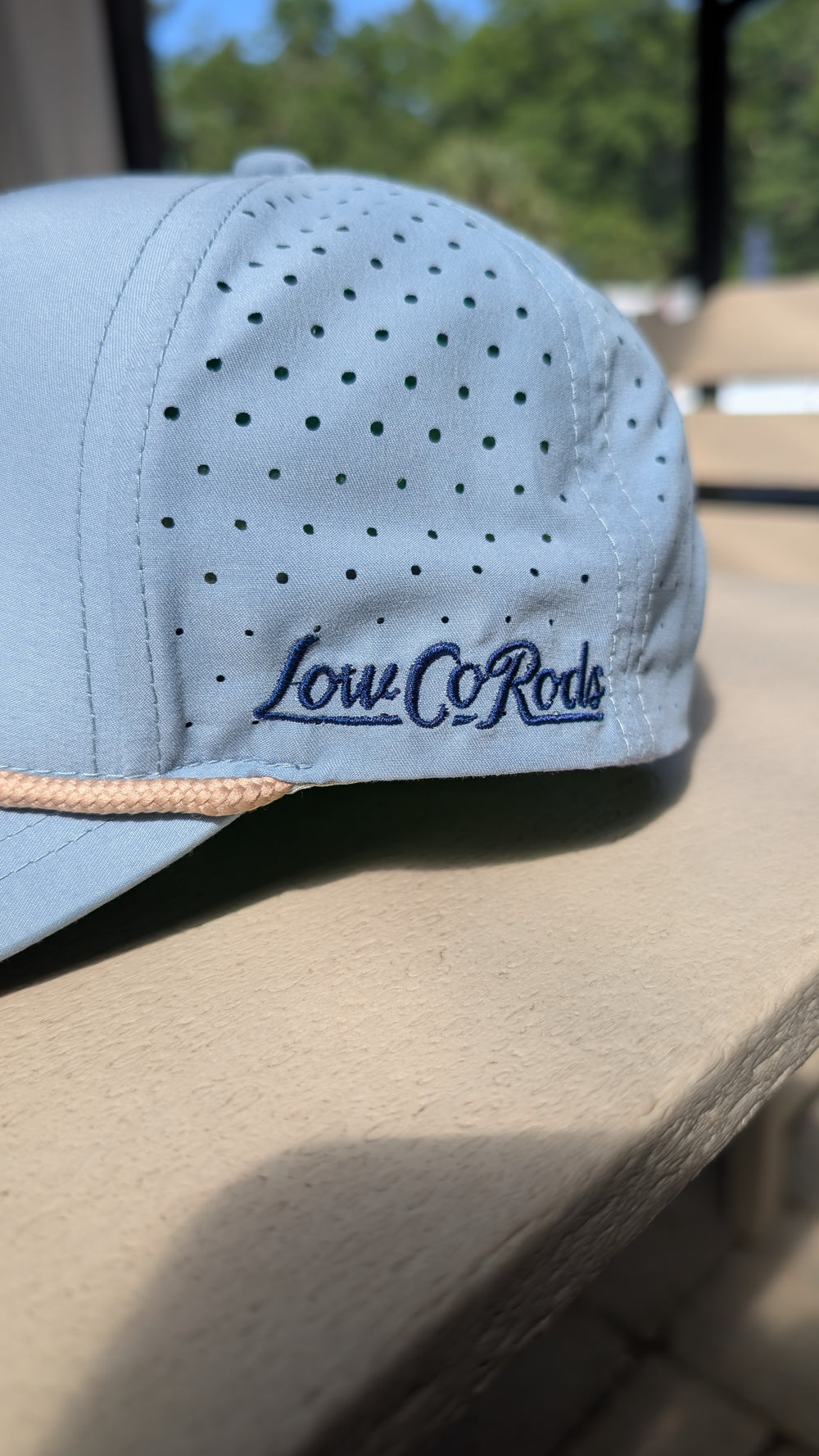 LowCo Bird Hat - Embroidered, Perforated 5 Panel - Storm Blue/Khaki Rope